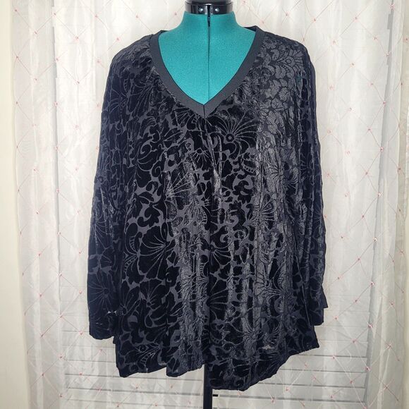 Roamans Black Velvet Burnout‎ Floral Kimono Sleeve V Neck Long Sleeve Top Sz 22W - Picture 1 of 8